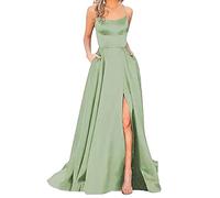 Robe Bal De Promo Femme sans Manches, Robe Sexy Femme Dos Nu Fendue Spaghetti Sangle Couleur Unie Swing pour Mariage Cocktail Taille Haute avec Poches Party Dress Décontractée Élégantes