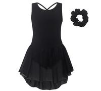 Robe Ballet Fille Deux Pièces sans Manches Dos Bretelles Tutu Jupe Design Court Devant Long Derrière avec Noeud Cheveux Vêtement Danse(Black, 6-7 Ans)