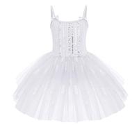 Robe Ballet Fille Tutu Danse Classique sans Manches Bretelles Spaghetti avec NUD Papillon Tulle Paillettes Plume Justaucorps Gymnastique Costume Ballerine Princesse Une Pice Blanc 3-4 Ans