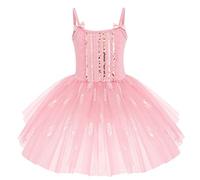 Robe Ballet Fille Tutu Danse Classique sans Manches Bretelles Spaghetti avec NUD Papillon Tulle Paillettes Plume Justaucorps Gymnastique Costume Ballerine Princesse Une Pice Rose 7-8 Ans
