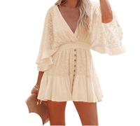 Robe barboteuse dos nu à manches chauve-souris pour femme en dentelle crochet mini volants jupe grenouillère fluide pour femme pour la plage, abricot, S