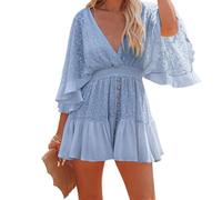 Robe barboteuse dos nu à manches chauve-souris pour femme en dentelle crochet mini volants jupe grenouillère fluide pour femme pour la plage, bleu, S