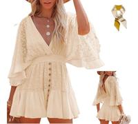Robe Barboteuse Dos Nu à Manches Chauve Souris pour Femme,Women's Lace Crochet Romper Dress,Buttons Down Swing Beach Dresses (FR/ES, Alpha/Lettres, S, Taille Normale, Taille Normale, Apricot)