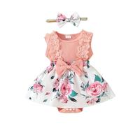 Robe Bébé Fille, Robe Bébé sans Manches en Dentelle avec Boutons à l'entrejambe et Gros Nœuds à l'encolure Ronde, avec Bandeau Vetement Bebe Fille Robes à Froufrous Filles, 0-18 Mois #313