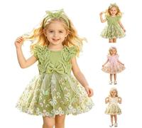 Robe Bébé Fille Vert Sauge Vêtement Enfant Princesse Tutu Baptême Cérémonie Mariage Robe Tulle Broderie Papillon avec Noeud et Bandeau Assorti Birthday Girl Soirée Anniversaire Gâteau (1-20 Mois)