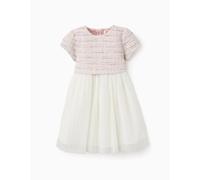 Robe bi-matière à manches courtes en tweed et maille rose clair 6/9M(67/71)