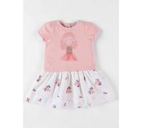 Robe bi-matière à manches courtes impression fleurie, rose poudré 9M