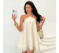 Robe blanche à col ras-du-cou sans dos avec volants, robe d'été ample et flatteuse en forme de A, mini-longueur. Convient pour les rendez-vous, le thé de l'après-midi, les sorties entre amis, les vaca