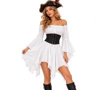 Robe Blanche Courte Robe Pirate Blanche pour Femmes avec Shorts IntéGréS en Dessous Manches Longues/Courtes éPaules DéNudéEs à Volants Coupe TrapèZe 2 en 1 Courte Style BohèMe D’éTé De Plage