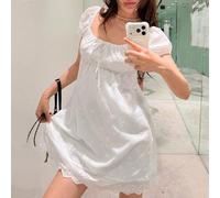Robe blanche de première amour de niche coréenne, design brodé, silhouette flatteuse, robe mini à col carré L,M,S,XLPlantesTissu tissé