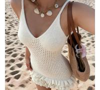 Robe blanche élégante à mailles ajourées pour femmes, robe mini à volants col V sans manches, convient pour la plage, les fêtes et le port quotidien au printemps L,M,S,XLUnicoloreTricots