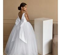 Robe blanche élégante de princesse avec col en V et nœud, convenant pour l'anniversaire des jeunes filles, le mariage, la demoiselle d'honneur, le bal de promo, la remise des diplômes 8Y,9Y,10Y,14Y,12