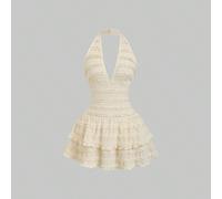 Robe blanche mini à ligne évasée, col en V profond, taille cintrée, volants texturés, romantique, douce, sexy, désir pur, mignonne, héritière, décontractée, pour vacances, rendez-vous, pause thé, fête