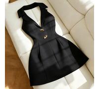Robe blazer élégante à col licou pour femmes, robe courte avec décoration métallique à la taille, noir et or, été, sortie nocturne, tenue de bureau et de rendez-vous résistante aux plis L,M,S,XLUnicol