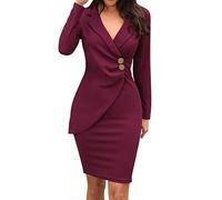 robe blazer élégante pour femme - business - manches longues - col en V - genoux - boutons - bureau / soirée / cocktail, Bordeaux, L