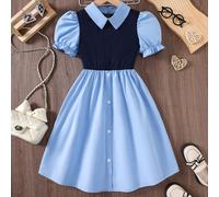 Robe bleu et noire en patchwork pour filles de 8 à 12 ans, robe avec col Peter Pan, manches bouffantes, décoration de boutons, essentielle pour les fêtes et le style décontracté, style académique 8Y,9