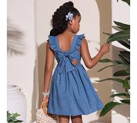 Robe bleue décontractée pour préadolescentes, manches courtes, taille cintrée au dos, nœud papillon ajouré. mode et polyvalente, elle est parfaite pour les fêtes, les sorties, les séances photo entre