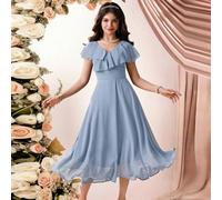 Robe bleue élégante et minimaliste à col V, volants, sans manches, taille haute, mi-longue, en mousseline de soie. Robe d'été pour filles, pour la remise des diplômes, les mariages, les demoiselles d'