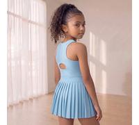 Robe bleue sans manches pour jeunes filles avec design ajouré à bretelles au dos, tissu élastique haute densité, coupe confortable, stretch 4 directions, convient pour le tennis et les sports décontra