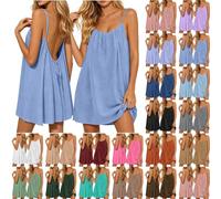 Robe Blue Jolie Dos Nu, Robe Ete Femme Fluide Midi Courte - Caraco En Lin - Avec Cordon De Serrage - Sans Manches Avec Bretelles - Ample Et Fluide Confortable - Pour Salon, De Plage, Vacances