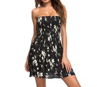 Robe boheme chic courte sans manche ete fluide robe bustier soiree sexy et elegante epaule denudee robes femmes d été soldes taille elastique qui cache le ventre A-Line boho casual (Grey, S)