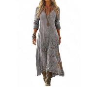 Robe Boheme Chic Femme Elegant - Maxi Col V Manches Longues Imprimé Géométrique Inspiration Ethnique Style Kaftan Grande Taille Ample Plage Vintage Automne Printemps Indienne Tunique Soirée Cocktail