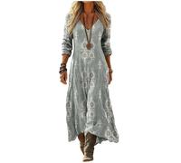 Robe Boheme Chic Femme Longue - Maxi Col V Manches Imprimé Géométrique Inspiration Ethnique Style Kaftan Grande Taille Ample Plage Vintage Automne Printemps Élégante Indienne Tunique Soirée Cocktail