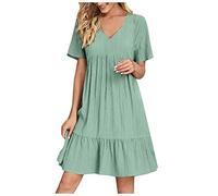 Robe Boheme Femme Ete Col V Manches Courtes Chic Elegant Tunique Robe Ample A-Line Mi-Longue Dress Grande Taille DéContractéE Robes Unie Taille Haute Robes Pour Soiree Mariage Plage