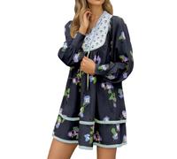Robe Boheme Femme Imprimé- Robe Chemise Col en V Manches Longues Ample Chic Et Élégants Sexy Casual Polyvalent Mini Dress Style Y2K Léger Polyvalent pour Vacances Fête 2025