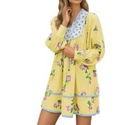 Robe Boheme Femme Imprimé- Robe Chemise Col en V Manches Longues Ample Chic Et Élégants Sexy Casual Polyvalent Mini Dress Style Y2K Léger Polyvalent pour Vacances Fête 2025