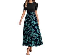 Robe Boheme Mes Commandes Fleurie Boheme Chic Elegante Femme Vert foncé Ete Manche Courte Robe Longue Ample de Soirée Col Rond Elegant Soiree avec Ceinture Maxi Dress Vert foncé XL