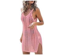 Robe bohème pour femme au crochet - Sexy Bikini Cover Up - Robe de plage courte moulante avec fente - Robe d'été - Poncho de plage multicolore - Sans manches - Mini robe en maille tricotée, Rose, S