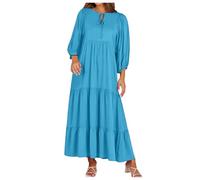 Robe bohème pour femme - Col en V - Manches bouffantes - Couleur unie - Décontractée - Longue robe de loisirs - Swing Plissée - Robe d'été à paillettes - Robe d'intérieur, bleu, L