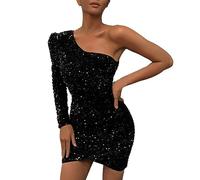 Robe Bohemienne Femme Mesdames Robe De Soirée Mode Paillettes Une Épaule Solide Robe Crayon À Manches Longues Robe Courte Grande Taille (Black, XS)