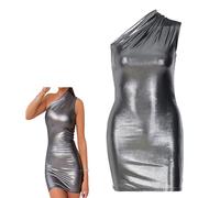 Robe Brillante Moulante Froncée Métallique à Une Épaule - Mini Jupe de Hanche Effet Mouillé - Cocktail Sexy Sans Manches en Cuir PU - Crayon Coupe Ajustée