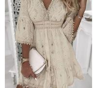 Robe brodée légère pour femme avec col en V et pompons pour les vacances (L couleur crème)