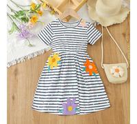 Robe brodée pour jeune fille, style estival, style européen et américain, 6Y,7Y,4Y,5YAnimal,Floral,Géométrique,Rayé,PlantesÉtoffe