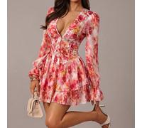 Robe bustier ajustée sexy élégante et romantique à col V et imprimé floral pour femmes, robe mini ultra courte à taille cintrée, robe à volants multicouches, jupe mini à taille en V style gâteau, robe