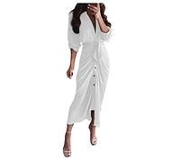 Robe Bustier décontractée avec Manches Belted Robe Bouton et Cardigan Solid Femme Robe pour Femmes Jupe en Jean Fillette (White, L)