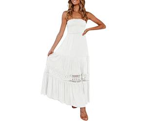 Robe Bustier Femme Soiree Chic Mariage invité Robe Longue Femme ete Boheme Simple Maxi Robe de Plage Femme Dos Nu Fluide sans Manches Robe Vintage Femme Retro uni Casual Vacances