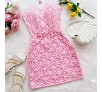 Robe bustier mini asymétrique à texture dentelle, dos nu et à nouer, rose à fleurs, élégante pour fête d'anniversaire d'été, tenue bohème tropicale pour invitée de mariage et plage pour femmes L,M,S,X