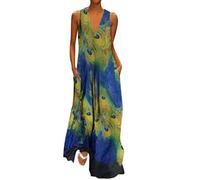 Robe BVDD8 2019 été automne lin robe décontractée sans manches col en V plume impression Maxi réservoir longue robe robe de travail 46