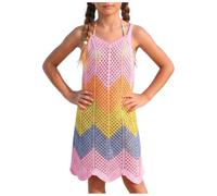 Robe cache-maillot douce au crochet à chevrons arc-en-ciel pour filles - Robe d'été ajourée à bretelles spaghetti sans manches - Ourlet festonné - Protection solaire - Légère et respirante - Pour les