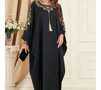 Robe caftan à décoration de franges à motif floral, robe élégante à col rond et manches chauve-souris, vêtements pour femmes, tenue décontractée et modeste noire pour le printemps Taille UniqueBlocs d