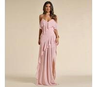 Robe camisole fluide élégante rose poudré avec ourlet à volants pour femmes, robe longue unie stylée pour mariage d'été Ninang, soirée & vacances L,M,S,XL,XS,XXL,XXS,XXXL,XXXXLUnicoloreTissu tissé