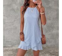 Robe camisole tissée à rayures bleues pour femmes grande taille, robe d'été décontractée de style français à rayures bleues & blanches sans manches épaules dénudées coupe A pour un port quotidien 0XL,