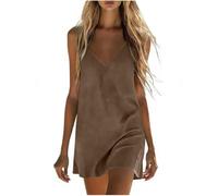 Robe Caraco Femme Coton Lin Couleur Unie Bretelles Spaghetti Col en V sans Manches Courte Coupe Ajustée Légère Respirante Décontractée Robe d'Été Plage Vacances Voyage pour Femme Taille Standard