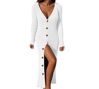 Robe cardigan à manches longues en maille côtelée boutonnée avec col en V pour femme, blanc, L