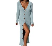 Robe cardigan à manches longues en maille côtelée boutonnée avec col en V pour femme, bleu, S