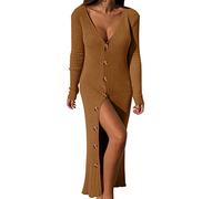 Robe cardigan à manches longues en maille côtelée boutonnée avec col en V pour femme, kaki, XXL